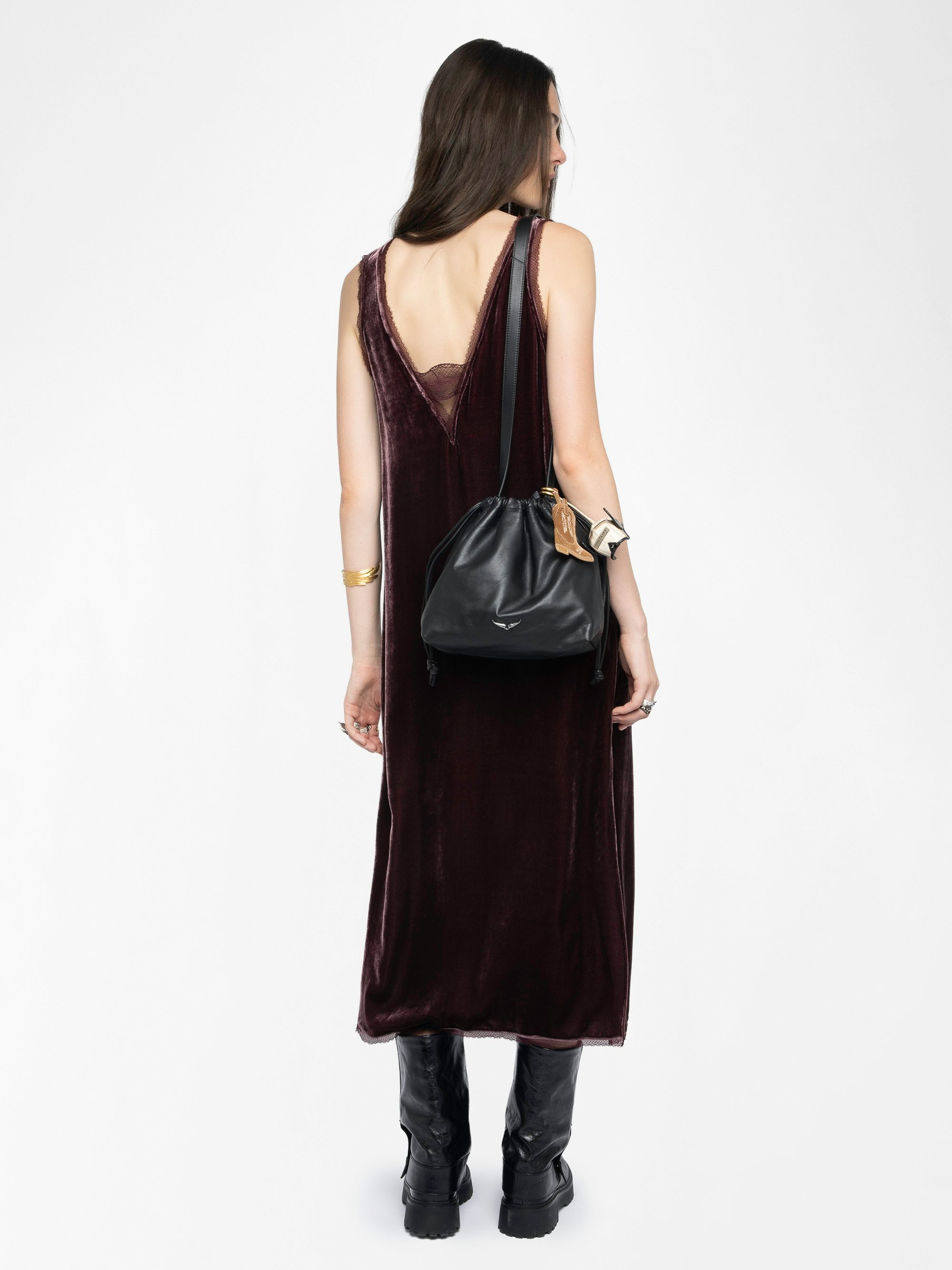 Renzo Velvet Dress - Long dress in plain velvet, lingerie spirit with French lace.